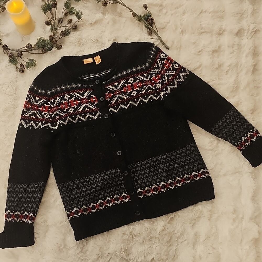 Northcrest Black and Red Fair Isle Nordic Cardigan Grandpa Knit Sweater Women 2X